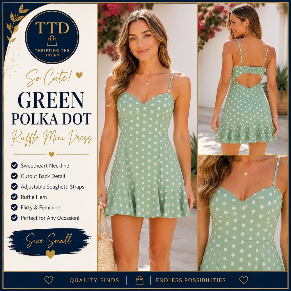 Green Polka Dot Ruffle Mini Dress Sweetheart Neck Cutout Back‎ Small